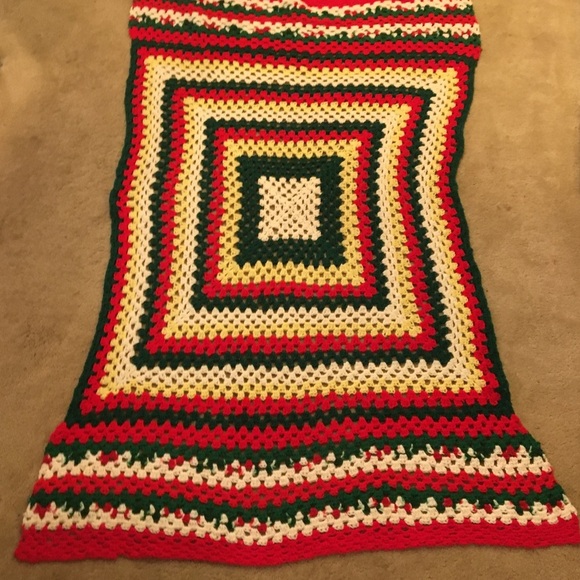 VTG Handmade Crochet Granny Square Blanket Green Red White Yellow Cottagecore - Picture 1 of 10